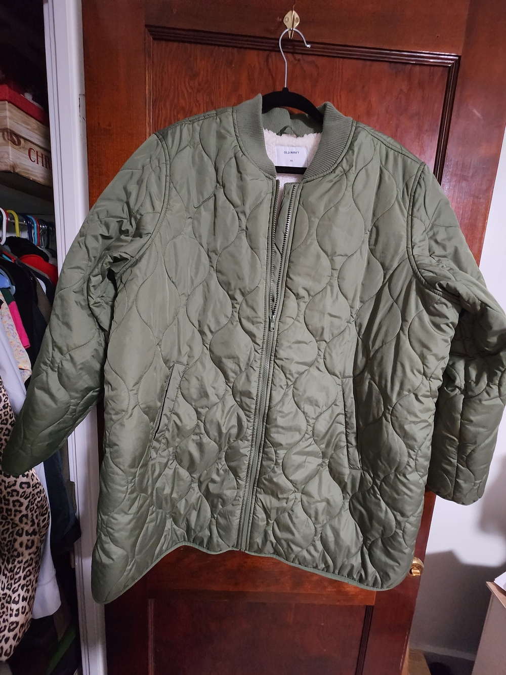 EUC Old Navy Sherpa Lined Quilted Bomber Jacket XXL Olive Green